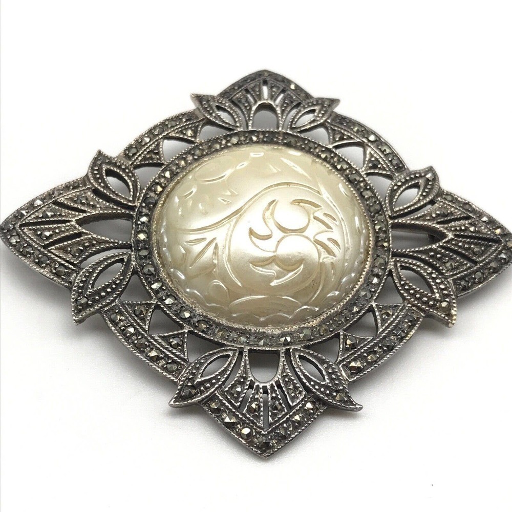 Vintage 925 Sterling Silver Large Marcasite Ornate Statement Brooch Pin